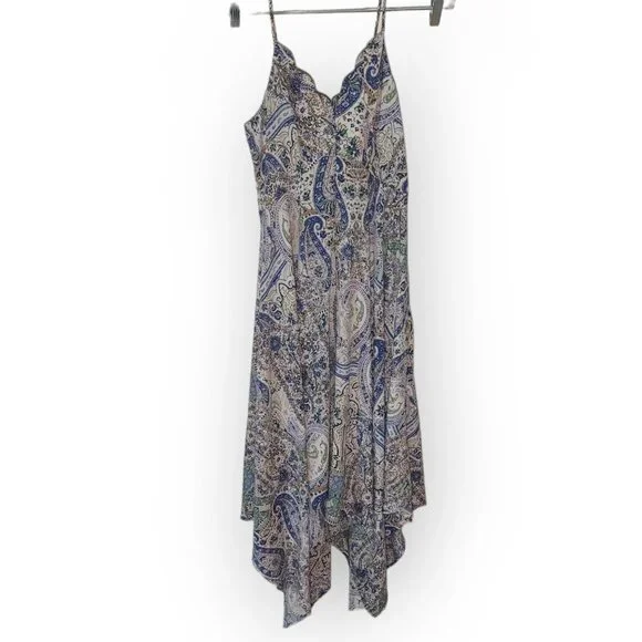 Alya Paisley Handkerchief Bohemian Flowy Dress Scalloped Neckline Blue Size S - Picture 2 of 7